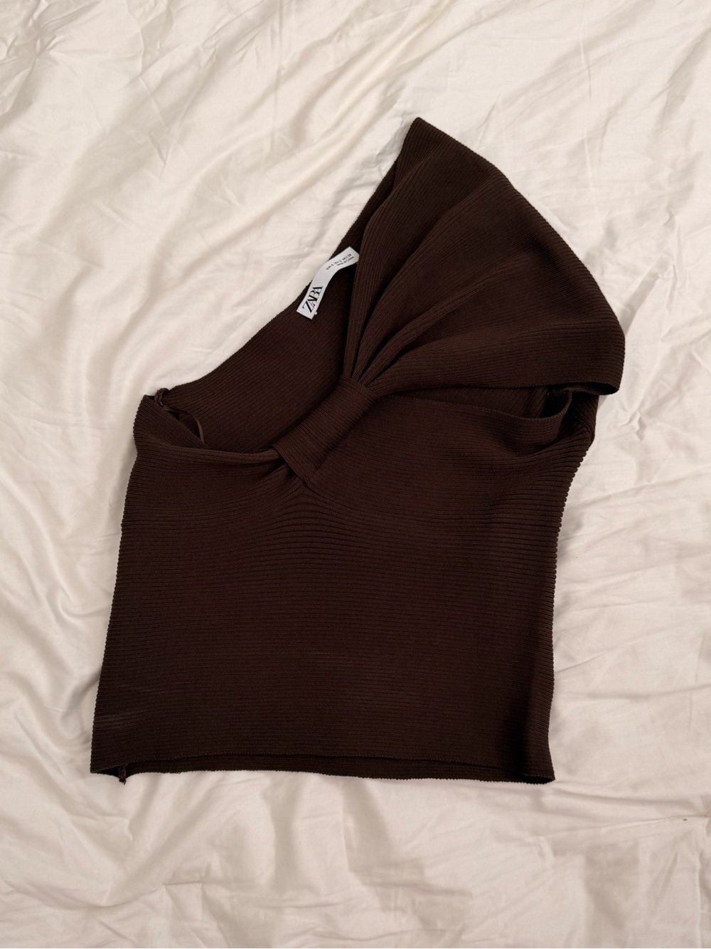 Zara Dark Brown One-Shoulder Twist Ribbed Crop Top